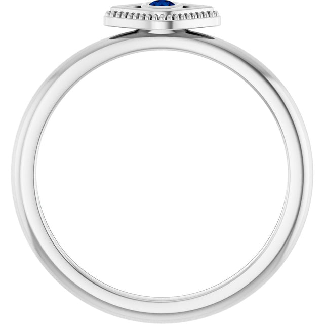 14K Gold Round Natural Blue Sapphire Stackable Evil Eye Ring - White Gold - view 7