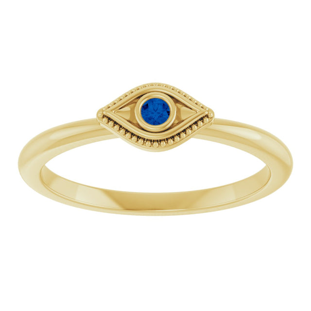 14K Gold Round Natural Blue Sapphire Stackable Evil Eye Ring - Yellow Gold - view 8