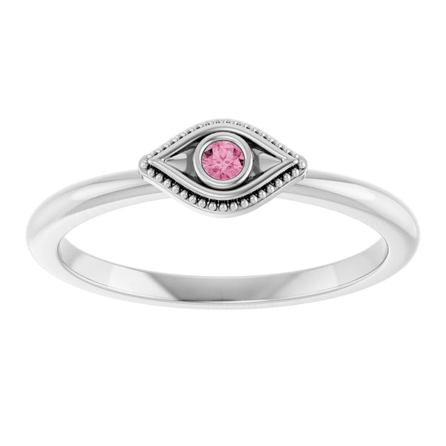 14K Gold Round Natural Pink Tourmaline Stackable Evil Eye Ring - White Gold - view 8