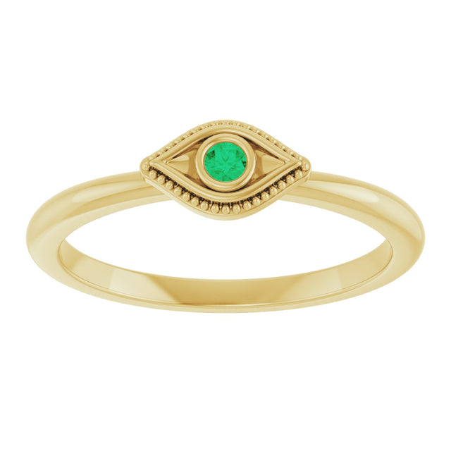 14K Gold Round Lab-Grown Emerald Stackable Evil Eye Ring - Yellow Gold - view 8