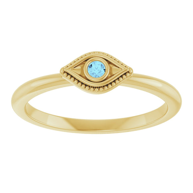 14K Gold Round Natural Aquamarine Stackable Evil Eye Ring - Yellow Gold - view 8