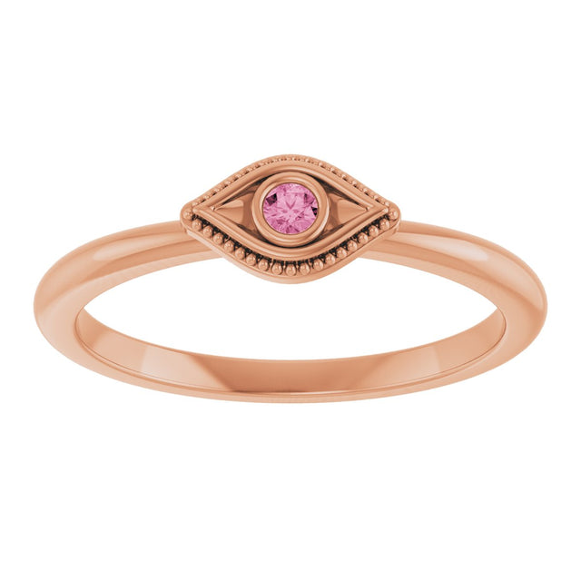 14K Gold Round Natural Pink Tourmaline Stackable Evil Eye Ring - Rose Gold - view 8