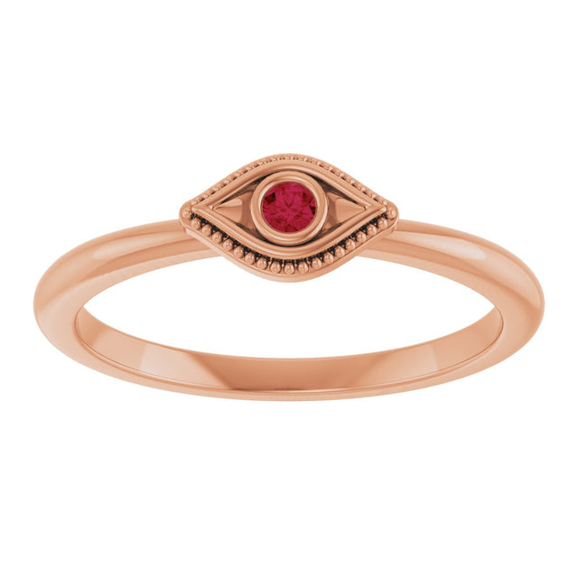 14K Gold Round Lab-Grown Ruby Stackable Evil Eye Ring - Rose Gold - view 8