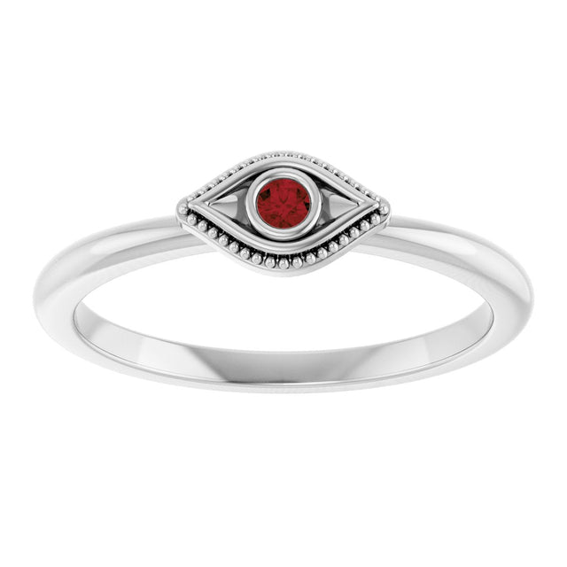 14K Gold Round Natural Mozambique Garnet Stackable Evil Eye Ring - White Gold - view 8