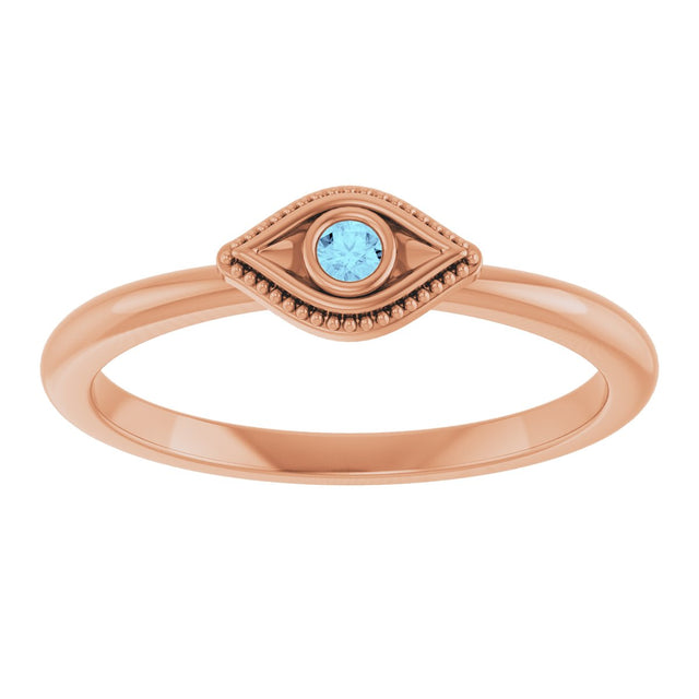 14K Gold Round Natural Aquamarine Stackable Evil Eye Ring - Rose Gold - view 8