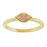 14K Gold Round Natural Pink Tourmaline Stackable Evil Eye Ring - Yellow Gold - view 8
