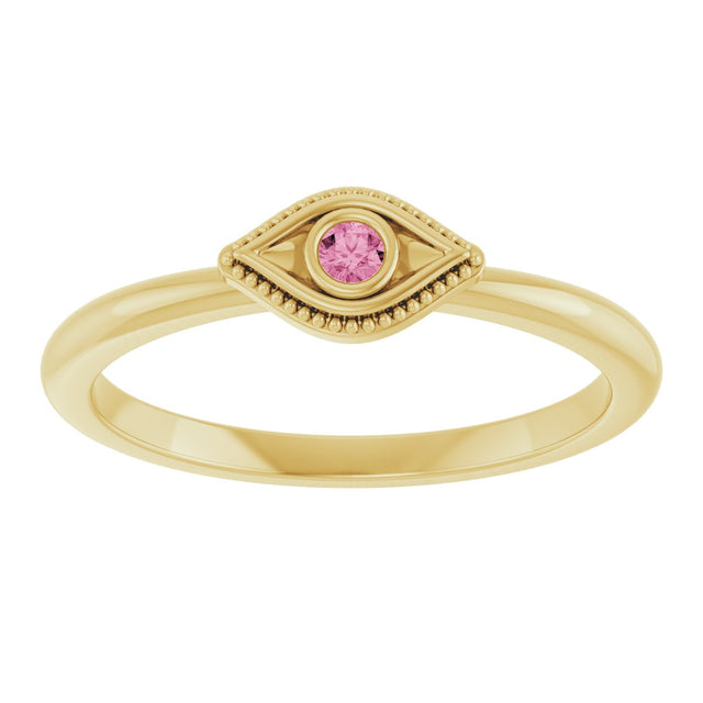 14K Gold Round Natural Pink Tourmaline Stackable Evil Eye Ring - Yellow Gold - view 8