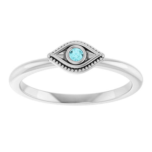Platinum Round Natural Blue Zircon Stackable Evil Eye Ring - view 8