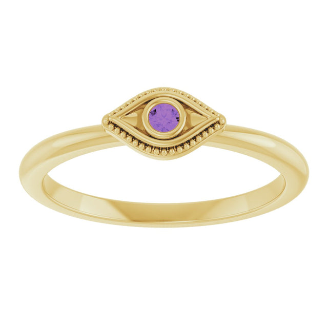 14K Gold Round Natural Amethyst Stackable Evil Eye Ring - Yellow Gold - view 8
