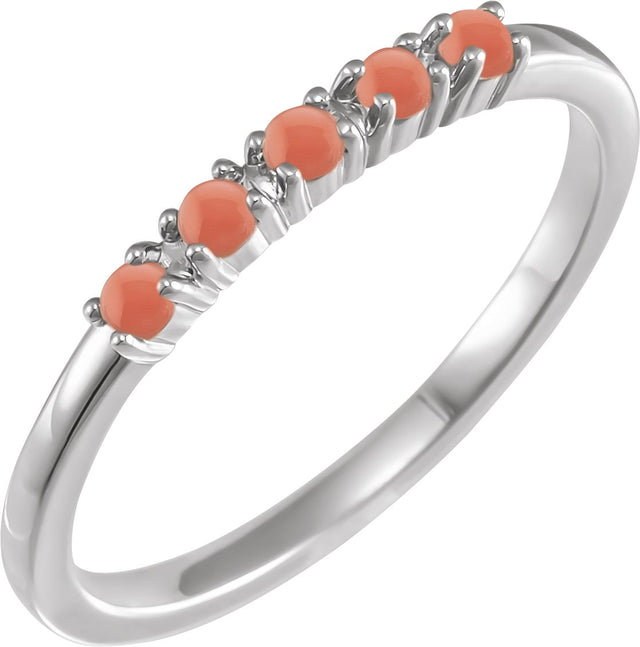 Platinum Natural Pink Coral Cabochon Stackable Ring - view 5