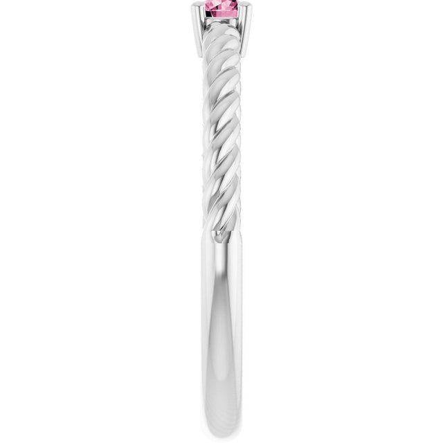 14K Gold Round Natural Pink Tourmaline Rope Solitaire Ring - White Gold - view 13
