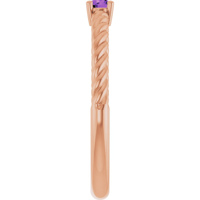 14K Gold Round Natural Amethyst Rope Solitaire Ring - Rose Gold - view 14