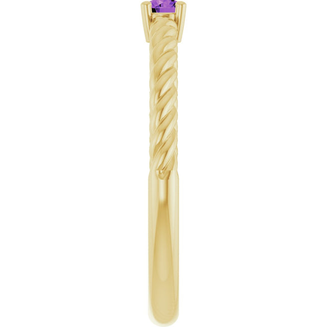 14K Gold Round Natural Amethyst Rope Solitaire Ring - Yellow Gold - view 13