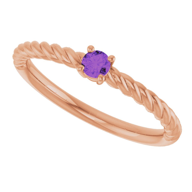 14K Gold Round Natural Amethyst Rope Solitaire Ring - Rose Gold - view 15