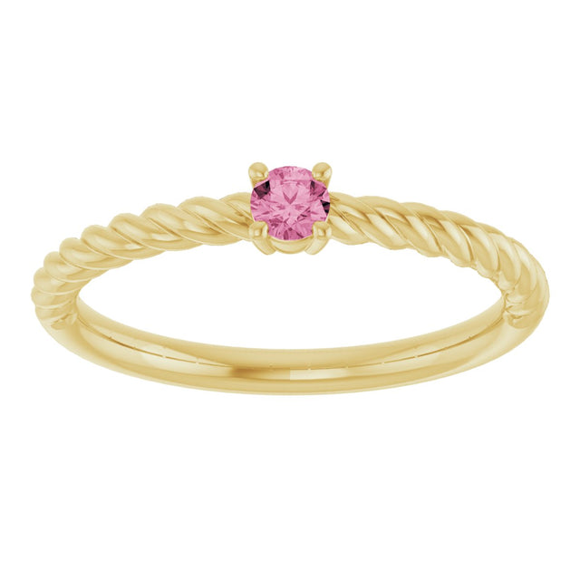 14K Gold Round Natural Pink Tourmaline Rope Solitaire Ring - Yellow Gold - view 14