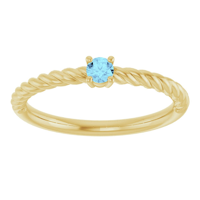 14K Gold Round Natural Aquamarine Rope Solitaire Ring - Yellow Gold - view 14
