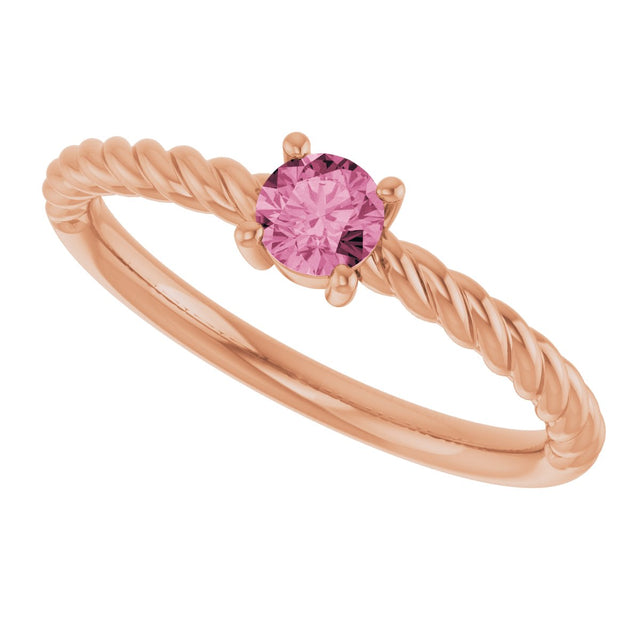 14K Gold Round Natural Pink Tourmaline Rope Solitaire Ring - Rose Gold - view 15
