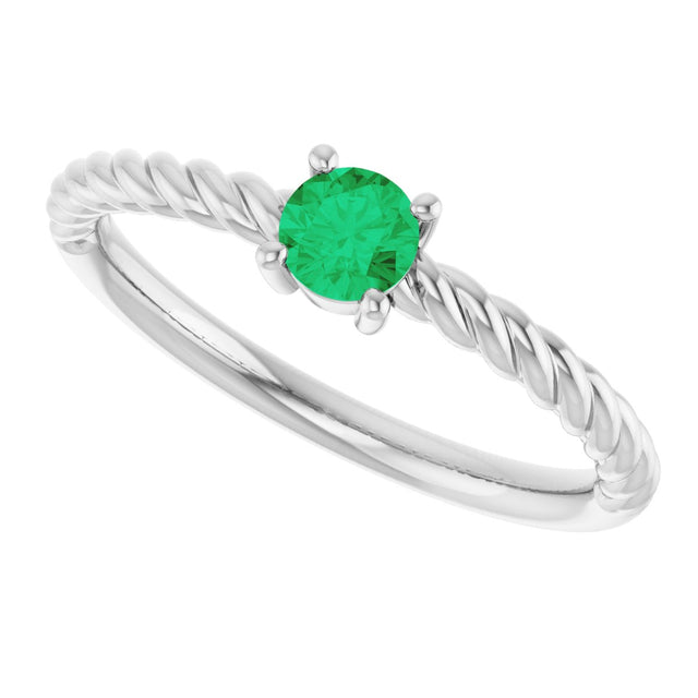 Platinum Round Natural Emerald Rope Solitaire Ring - view 15