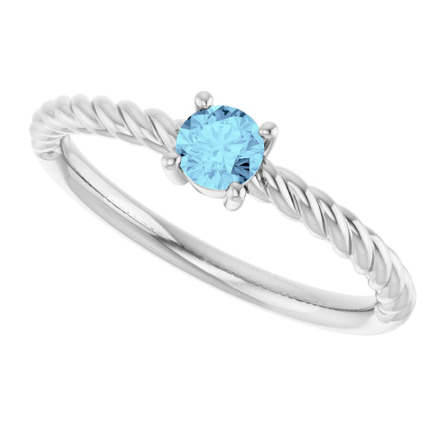 14K Gold Round Natural Aquamarine Rope Solitaire Ring - White Gold - view 12