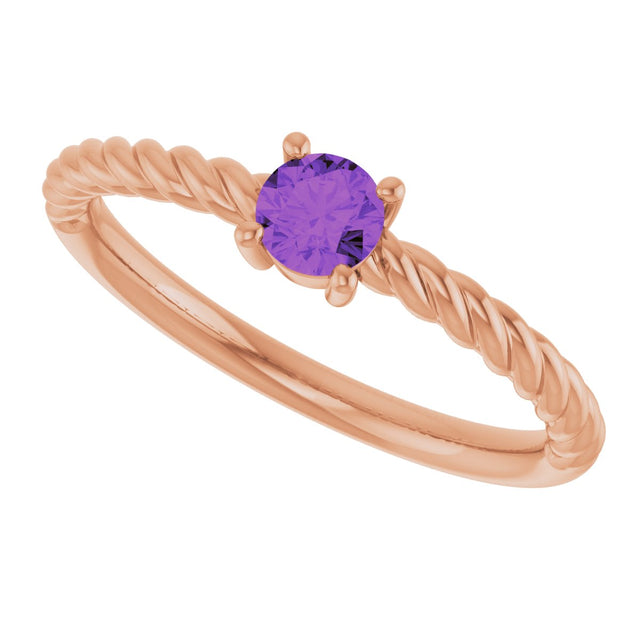 14K Gold Round Natural Amethyst Rope Solitaire Ring - Rose Gold - view 15