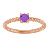 14K Gold Round Natural Amethyst Rope Solitaire Ring - Rose Gold - view 13
