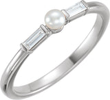 Platinum Cultured White Seed Pearl & Natural Diamond Accented Pearl Ring