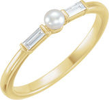 14K Gold Cultured White Seed Pearl & Natural Diamond Accented Pearl Ring - Yellow Gold