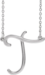 14K Gold Initial T Script Necklace – 19.2x19.1mm - White Gold