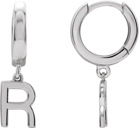 18K Gold Initial R Huggie Earrings - White Gold