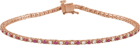 14K Gold Round Natural Ruby & Natural Diamond Line Bracelet - Rose Gold
