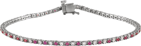 14K Gold Round Natural Ruby & Natural Diamond Line Bracelet - White Gold