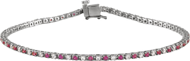 14K Gold Round Natural Ruby & Natural Diamond Line Bracelet - White Gold