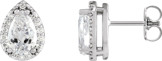 14K Gold Natural Diamond Pear 4-Prong Halo-Style Low Stud Earring - White Gold