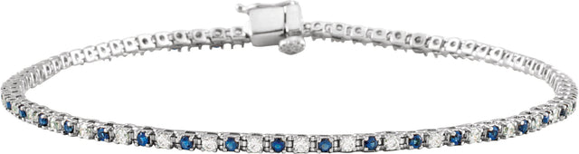14K Gold Round Natural Blue Sapphire & Natural Diamond Line Bracelet - White Gold