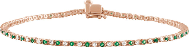 14K Gold Round Natural Emerald & Natural Diamond Line Bracelet - Rose Gold