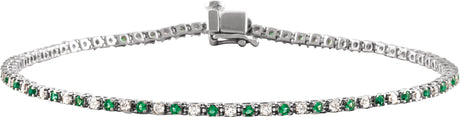 14K Gold Round Natural Emerald & Natural Diamond Line Bracelet - White Gold