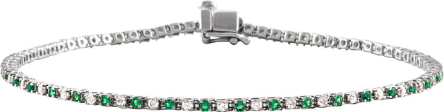 14K Gold Round Natural Emerald & Natural Diamond Line Bracelet - White Gold