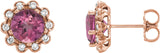 14K Gold Natural Pink Tourmaline & Natural Diamond Round 4-Prong Halo-Style Earrings – 3.25mm Stones