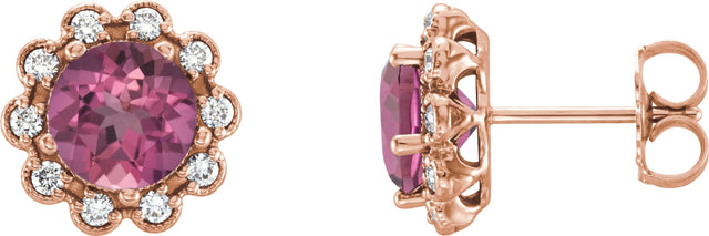 14K Gold Natural Pink Tourmaline & Natural Diamond Round 4-Prong Halo-Style Earrings – 3.25mm Stones