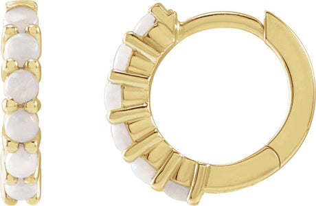 14K Gold Round Natural White Opal Cabochon Hinged Hoop Earrings - Yellow Gold