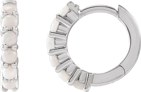 14K Gold Round Natural White Opal Cabochon Hinged Hoop Earrings - White Gold