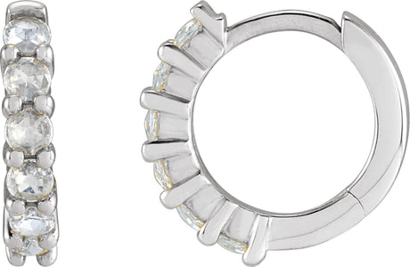 14K Gold Round Natural Diamond Cabochon Hinged Hoop Earrings - White Gold
