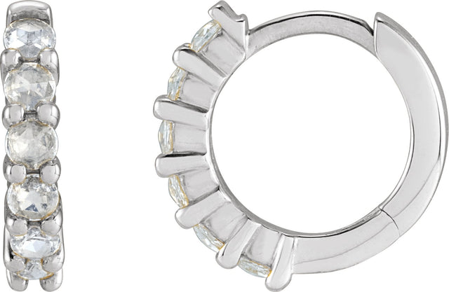 14K Gold Round Natural Diamond Cabochon Hinged Hoop Earrings - White Gold
