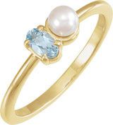 14K Gold Natural Aquamarine Pearl & Gemstone Ring – 5x3 mm Oval - Yellow Gold