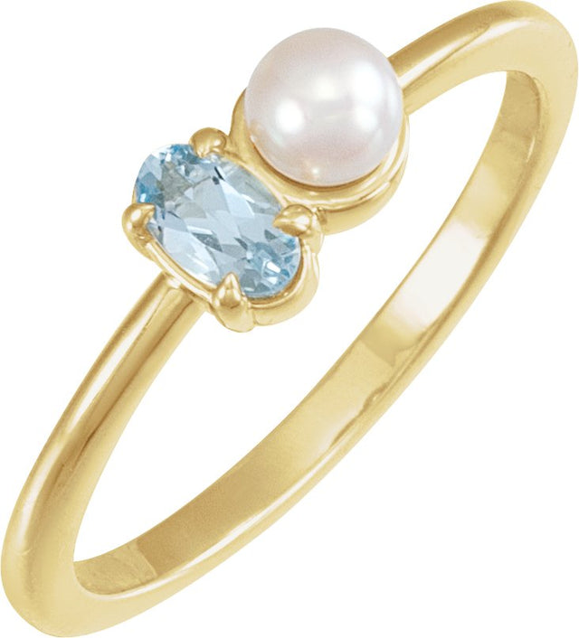 14K Gold Natural Aquamarine Pearl & Gemstone Ring – 5x3 mm Oval - Yellow Gold