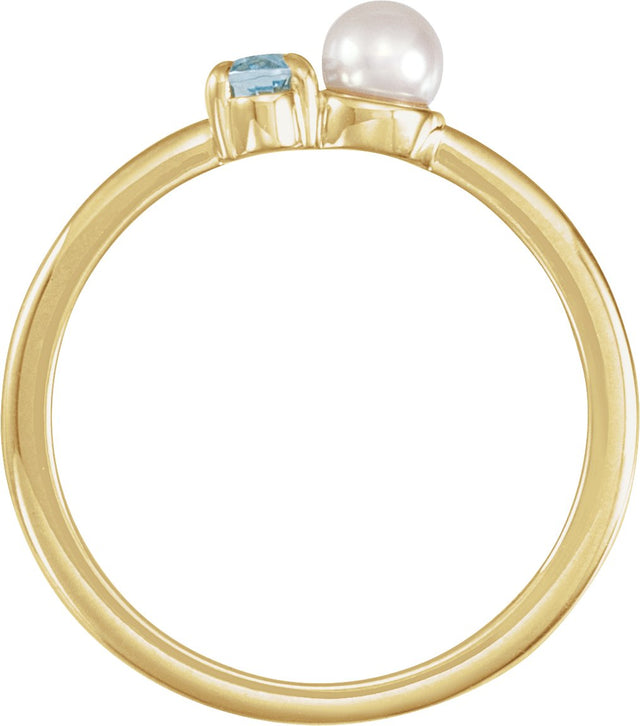 14K Gold Natural Aquamarine Pearl & Gemstone Ring – 5x3 mm Oval - Yellow Gold - view 2