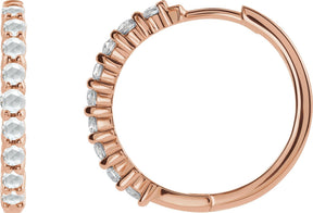 14K Gold Round Natural Diamond Cabochon Hinged Hoop Earrings - Rose Gold