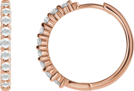 14K Gold Round Natural Diamond Cabochon Hinged Hoop Earrings - Rose Gold