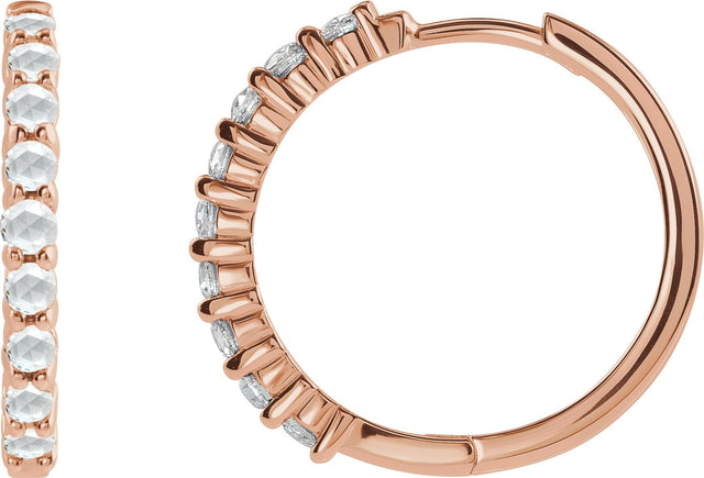 14K Gold Round Natural Diamond Cabochon Hinged Hoop Earrings - Rose Gold
