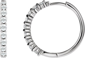 Platinum Round Natural Diamond Cabochon Hinged Hoop Earrings